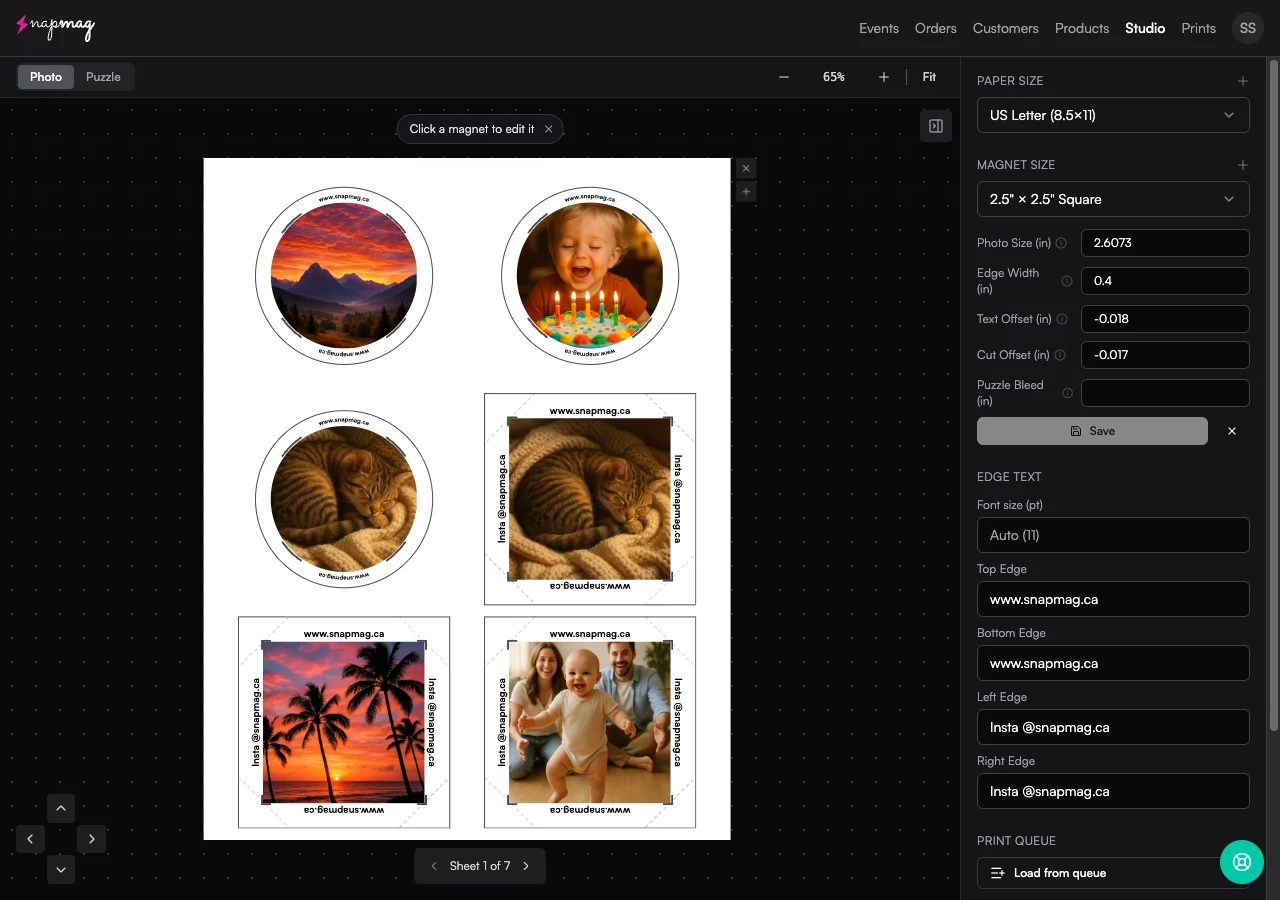 Vixie Print Studio with the Edit Measurements panel open, showing Photo Size, Edge Width, Text Offset, and Cut Offset fields next to a sheet of arranged photo magnets