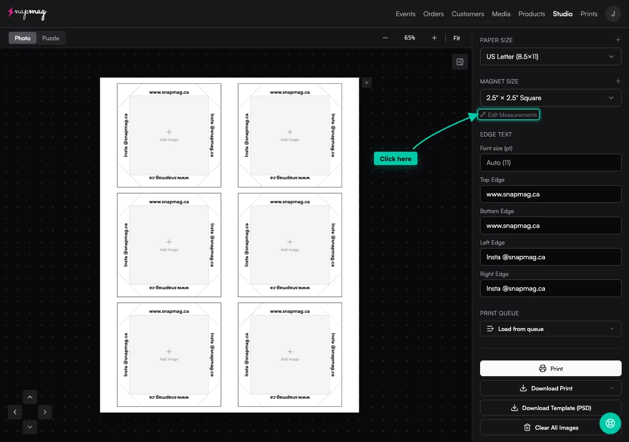 Vixie Print Studio with a teal arrow and 'Click here' label pointing to the Edit Measurements button beneath the Magnet Size dropdown.