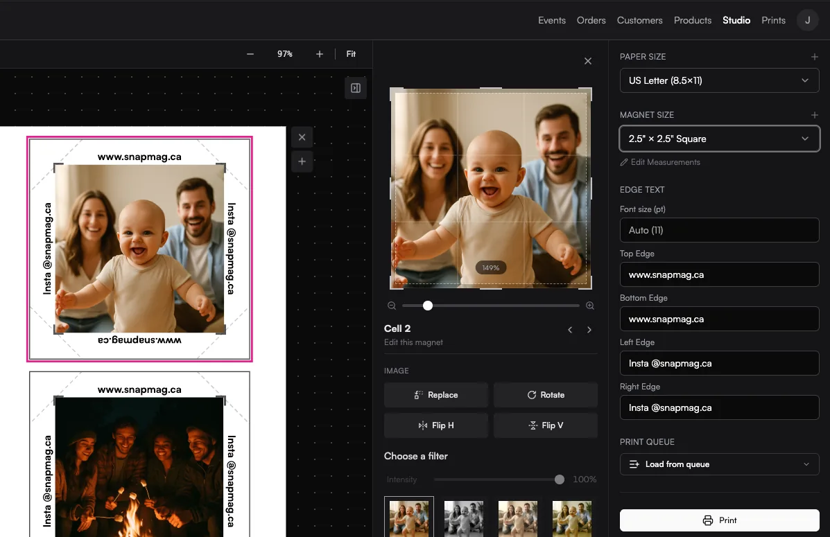 Print Studio drag-and-drop layout interface for photo and puzzle magnets